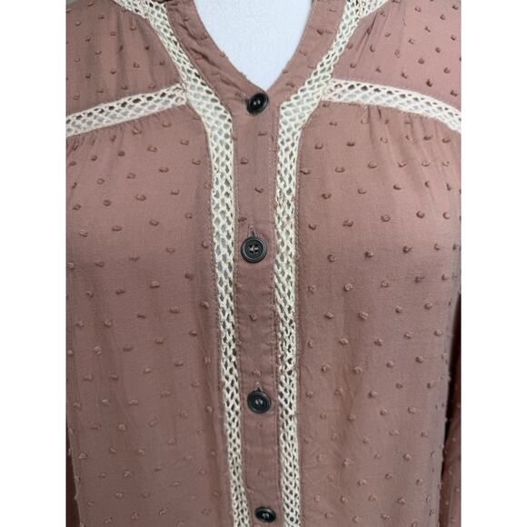 APEACH Women’s Top Blouse Sz Small Mauve Textured Lace Trim Long Sleeve Peasant - Picture 3 of 14